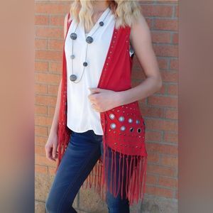 Firmiana Vest XL with Metal Rings and Leather Fringe Red / Hippie Vest.  NWT.